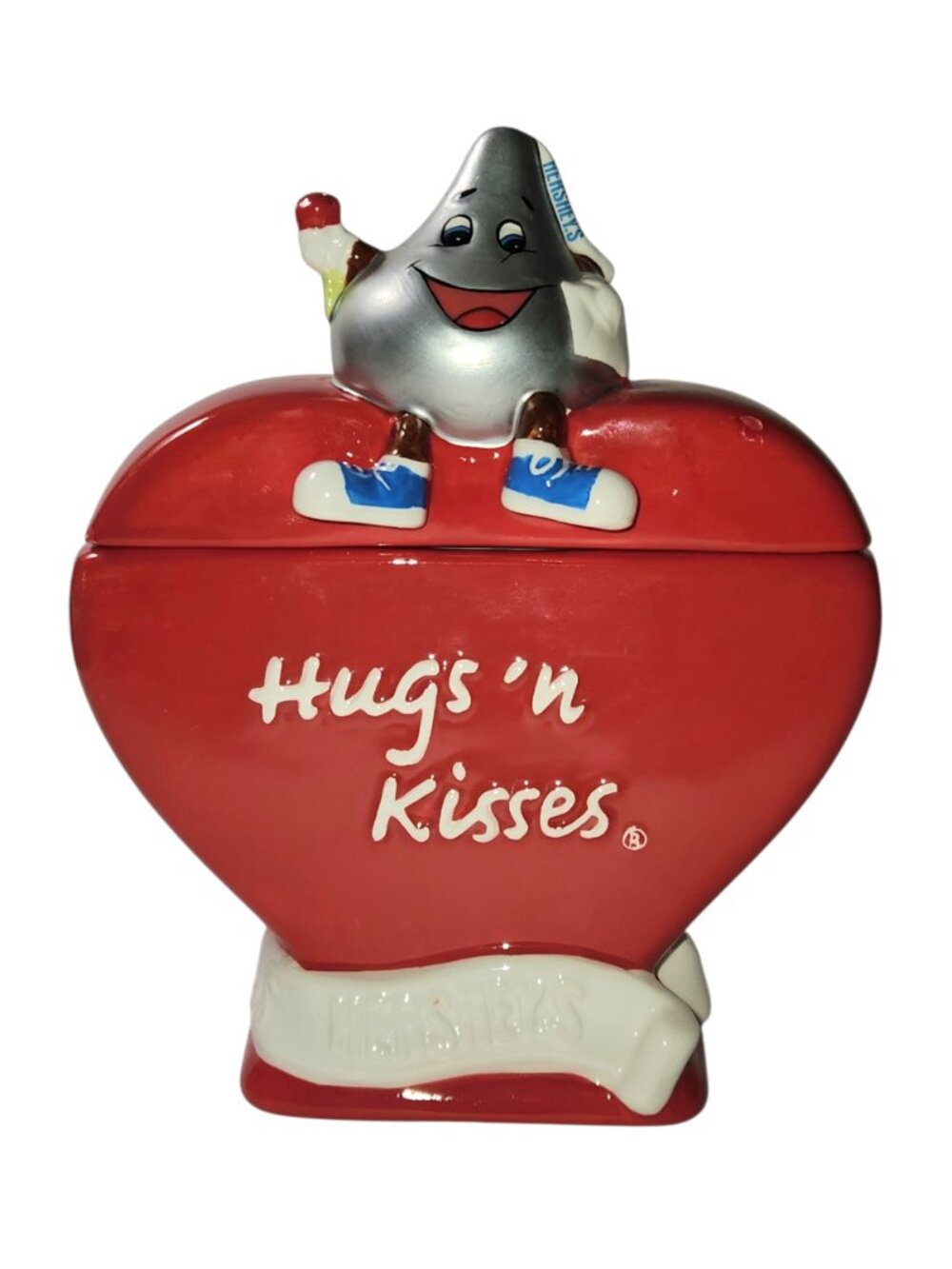 Hershey's Hugs 'N Kisses Heart Shaped Candy Treat Jar Red Ceramic Canister W/Lid